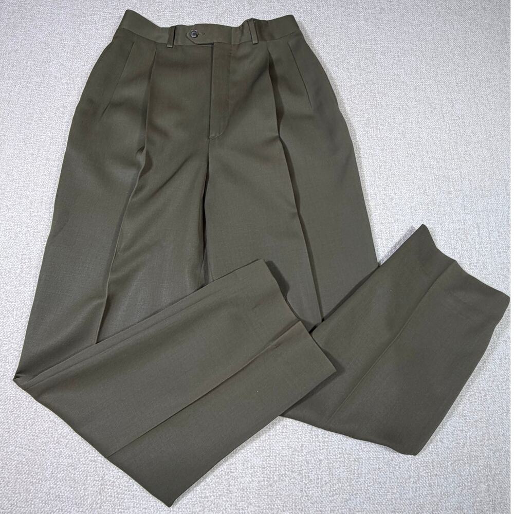 Barry Bricken Women 8 Green 100% Virgin Wool Pleated Front Straight Dress Pants